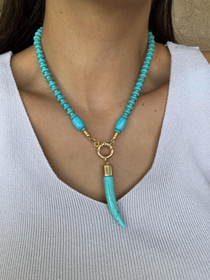 Boho turquoise beaded necklace with tusk horn pendant — handmade in Florida by AVINZIA