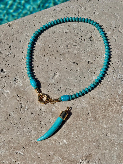 Boho turquoise beaded necklace with tusk horn pendant — gift-ready handmade jewelry by AVINZIA