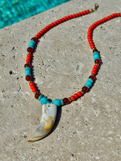 Faux tusk horn charm necklace with colorful summer beads by AVINZIA — handmade coastal jewelry