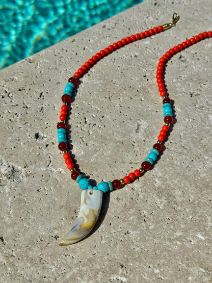 Faux tusk horn charm necklace with colorful summer beads by AVINZIA — handmade coastal jewelry