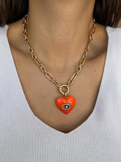 18" Orange Evil Eye Charm Necklace | Heart Necklace | Gold Chain Necklace | Summer Layering Necklace
