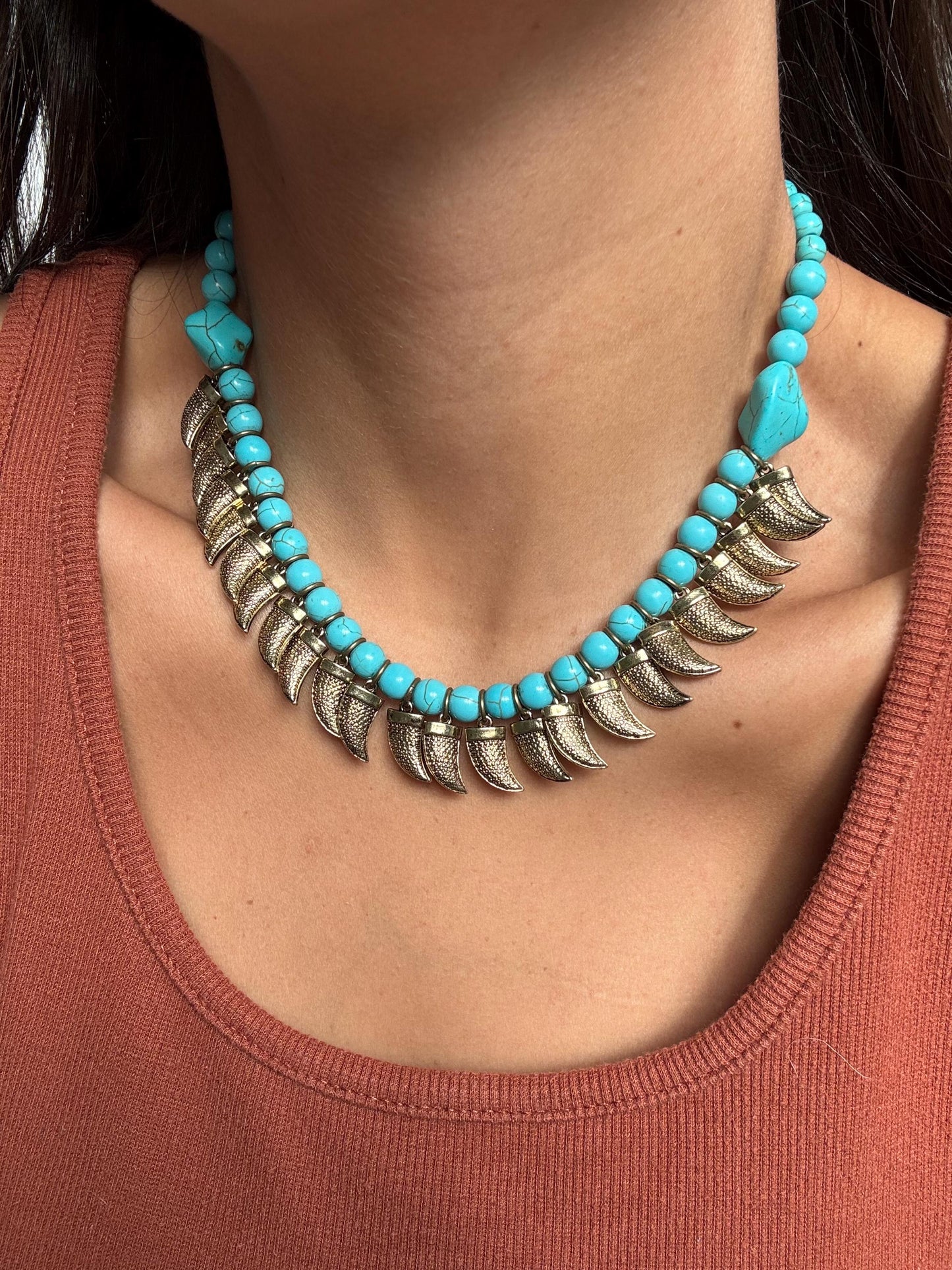 Antique Brass Tusk Charm Necklace | Turquoise Beaded Necklace | Boho Necklace | Bohemian Necklace