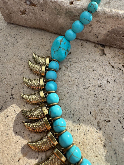 Antique brass tusk charm necklace with turquoise beaded choker — AVINZIA handmade jewelry