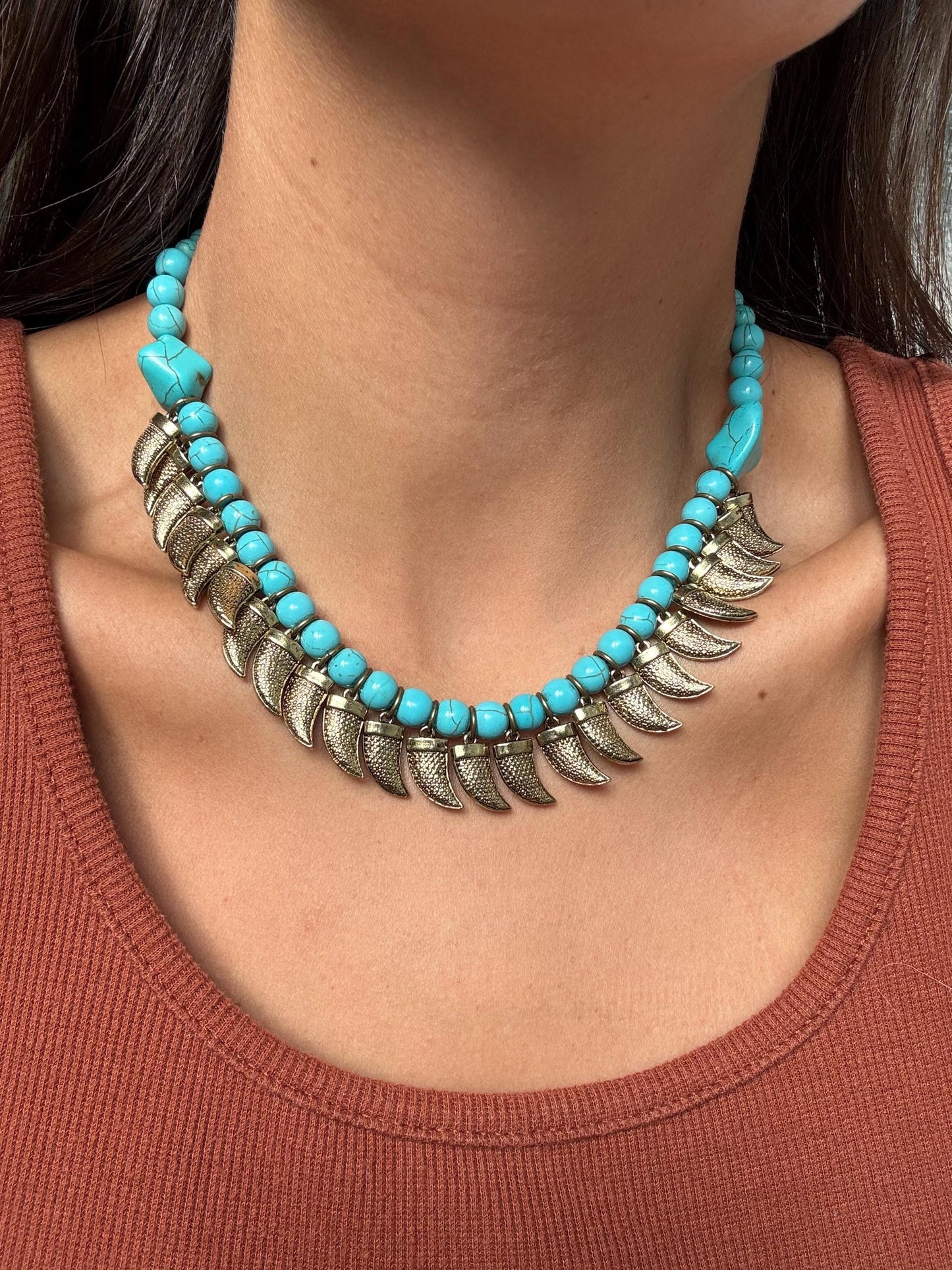 Antique Brass Tusk Charm Necklace | Turquoise Beaded Necklace | Boho Necklace | Bohemian Necklace
