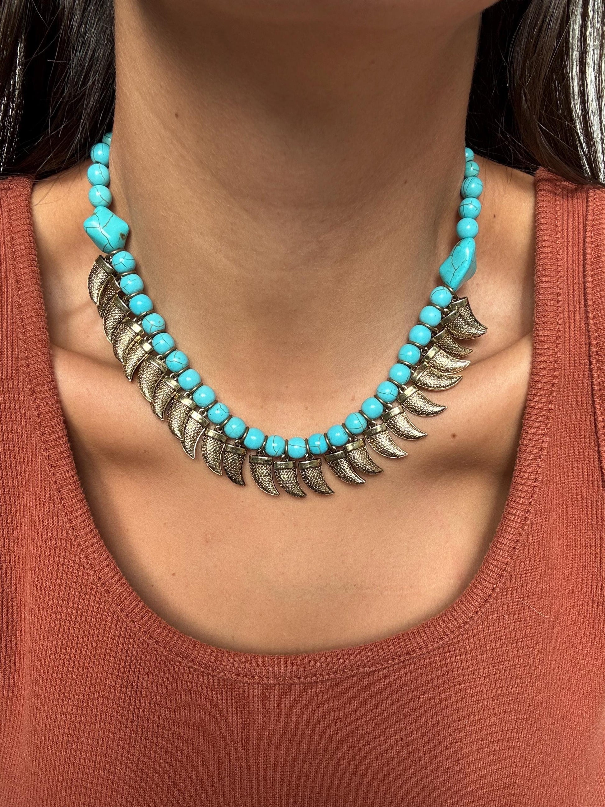 Antique Brass Tusk Charm Necklace | Turquoise Beaded Necklace | Boho Necklace | Bohemian Necklace