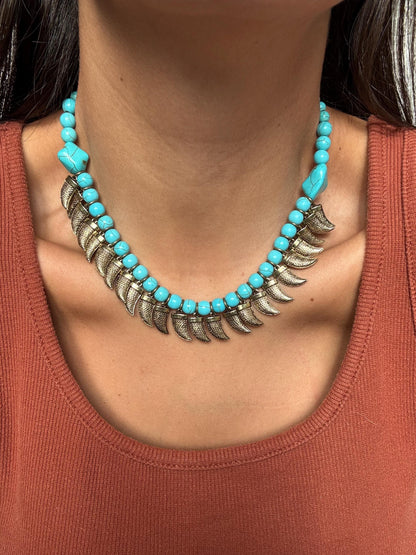 Antique brass tusk charm necklace with turquoise beaded choker — AVINZIA handmade jewelry