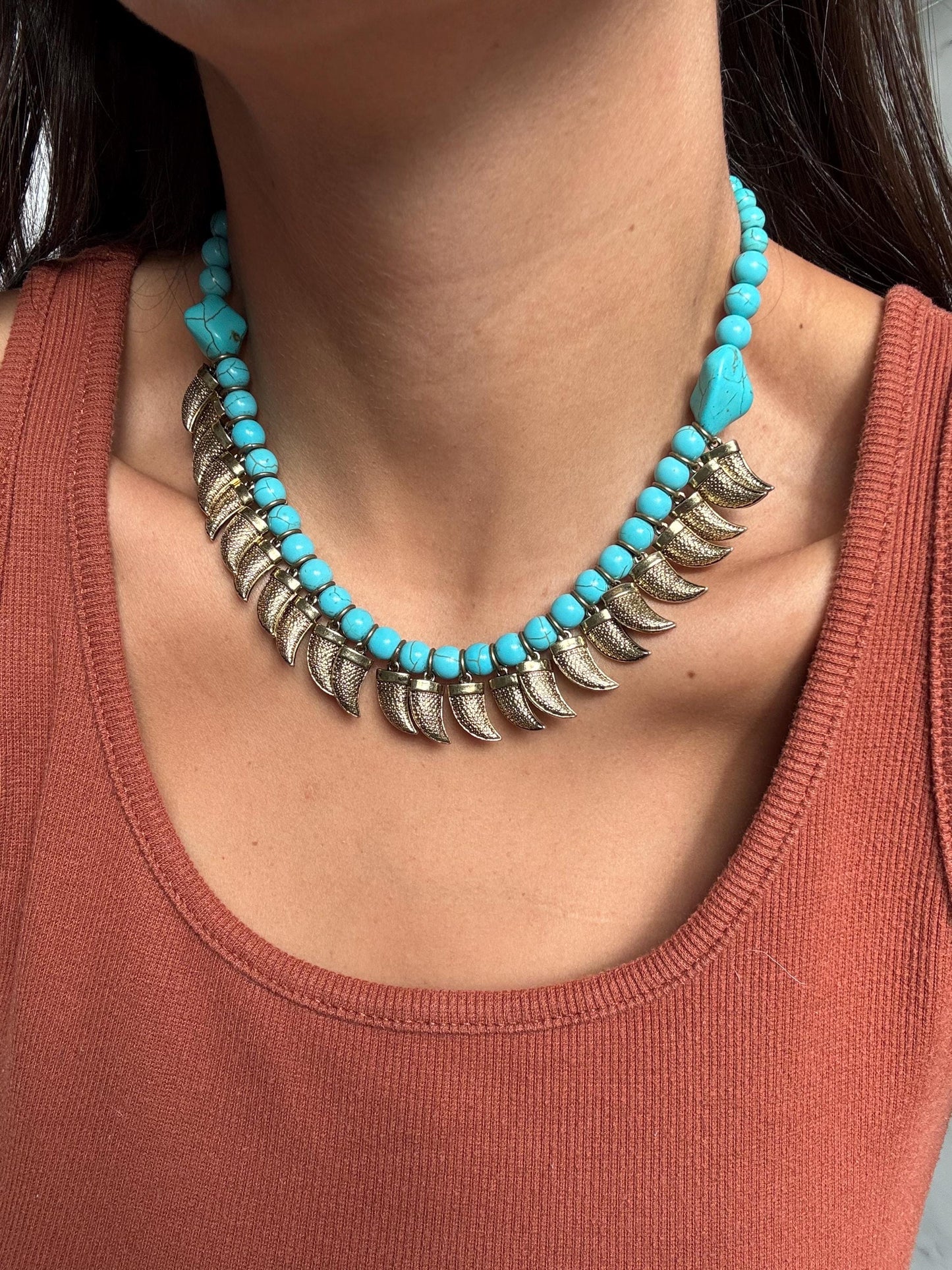 Antique Brass Tusk Charm Necklace | Turquoise Beaded Necklace | Boho Necklace | Bohemian Necklace