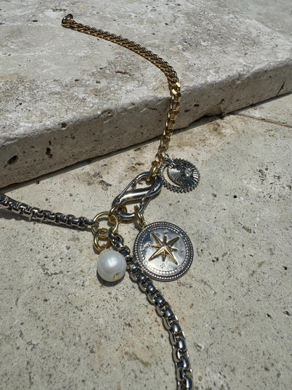 Lariat Y charm necklace with fish or compass pendant in mixed metals — handmade in Florida by AVINZIA