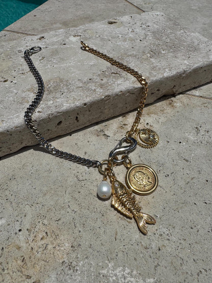Multiple charm necklace with interchangeable fish and compass charms by AVINZIA