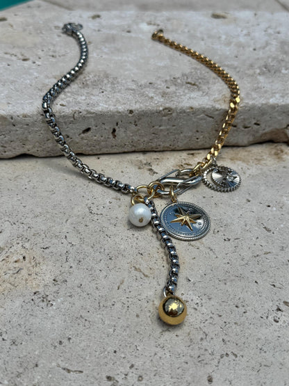 Lariat Y charm necklace with fish or compass pendant in mixed metals by AVINZIA