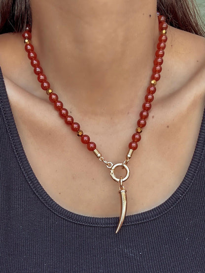 Carnelian beaded gemstone necklace with gold tooth charm — AVINZIA handmade jewelry