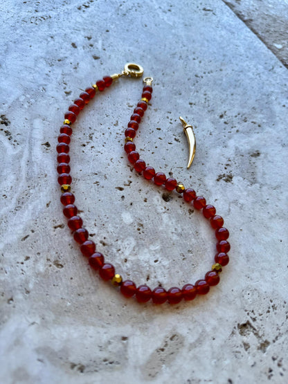 Carnelian beaded gemstone necklace with gold tooth charm — AVINZIA handmade jewelry