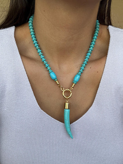 Boho turquoise beaded necklace with tusk horn pendant — handmade in Florida by AVINZIA