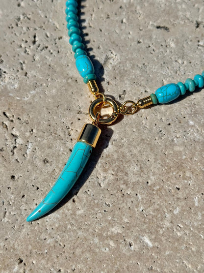 Boho turquoise beaded necklace with tusk horn pendant by AVINZIA — handmade coastal jewelry