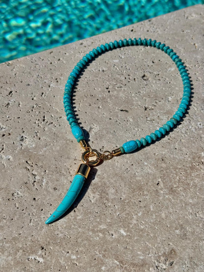 Boho turquoise beaded necklace with tusk horn pendant by AVINZIA