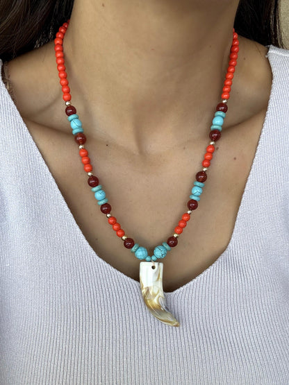 Faux tusk horn charm necklace with colorful summer beads — gift-ready handmade jewelry by AVINZIA