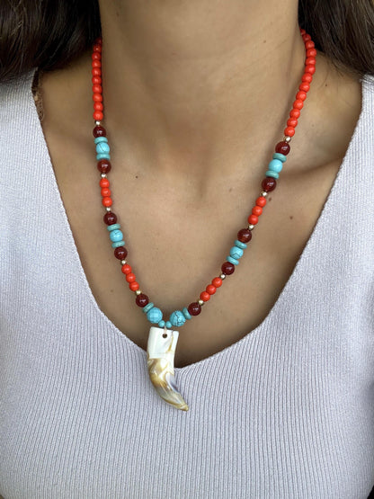 Faux tusk horn charm necklace with colorful summer beads — handmade in Florida by AVINZIA