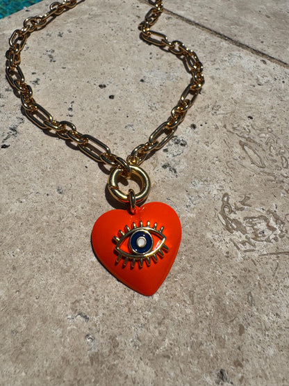 18" Orange Evil Eye Charm Necklace | Heart Necklace | Gold Chain Necklace | Summer Layering Necklace