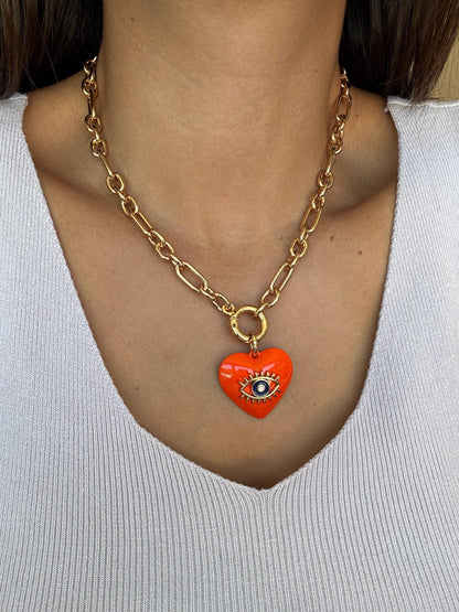 18" Orange Evil Eye Charm Necklace | Heart Necklace | Gold Chain Necklace | Summer Layering Necklace