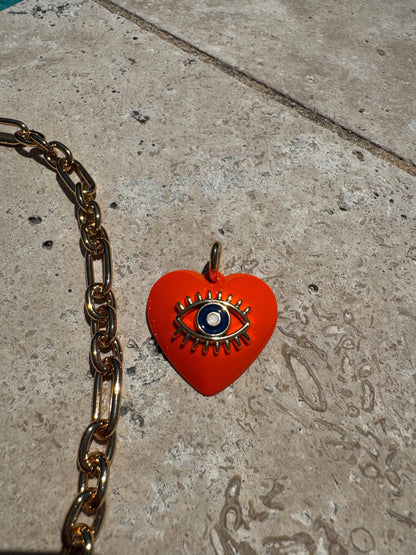 18" Orange Evil Eye Charm Necklace | Heart Necklace | Gold Chain Necklace | Summer Layering Necklace