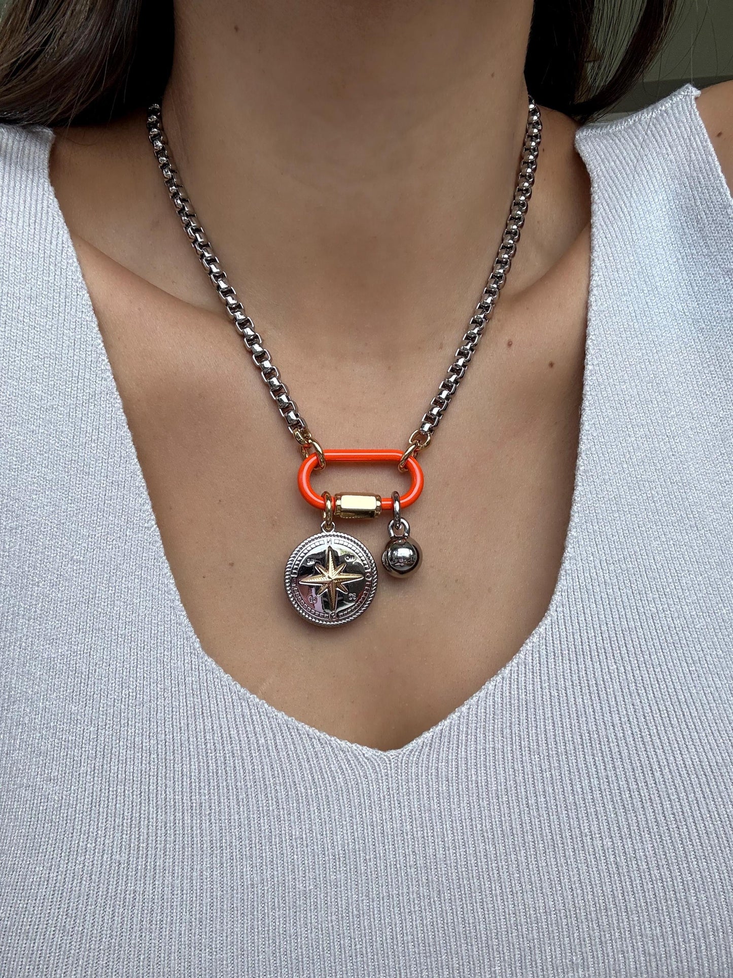 Orange Carabiner Clasp Necklace | Mixed Metals Charm Necklace | Custom Charm Necklace | Silver Boxchain Necklace