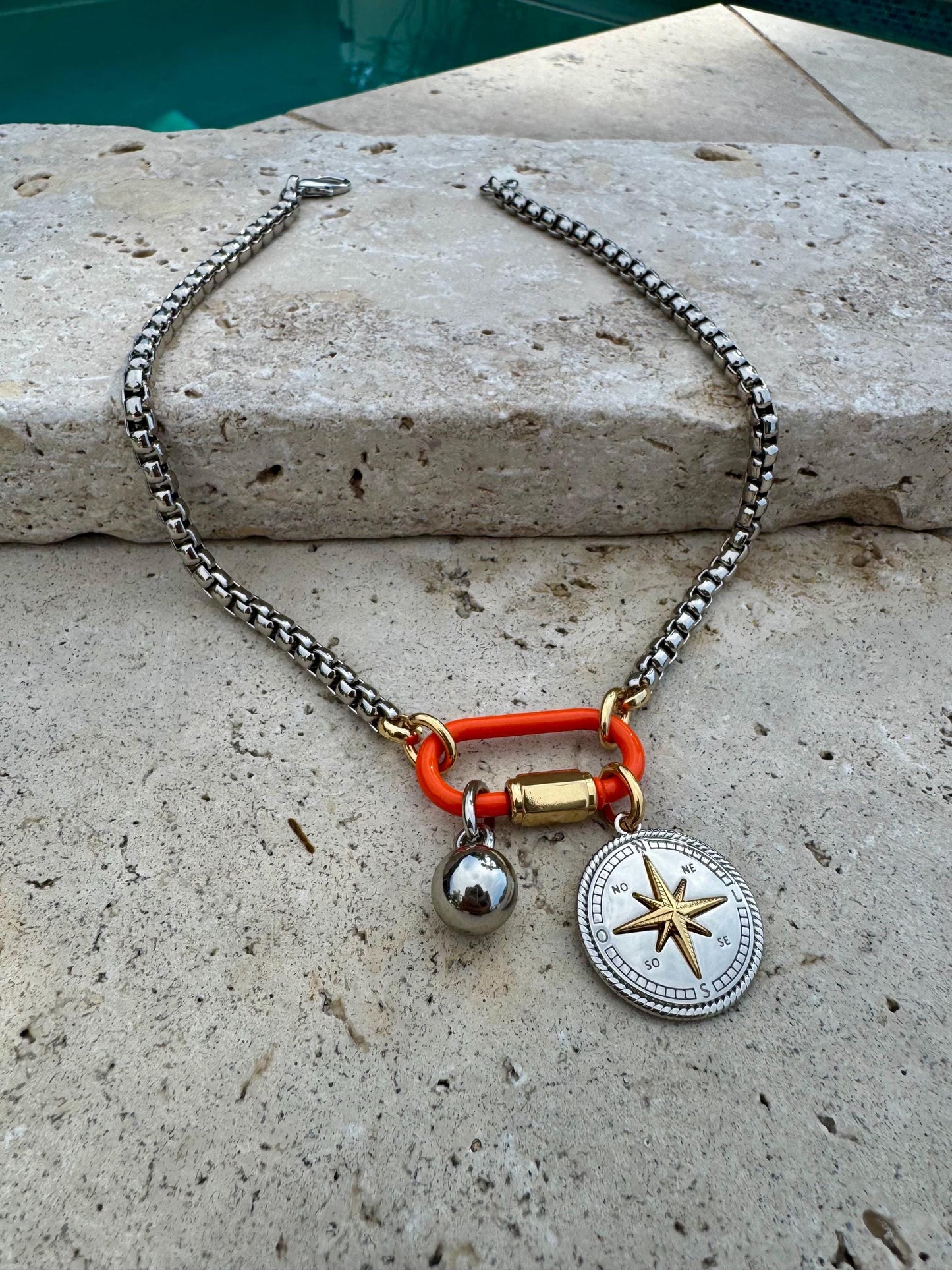 Orange Carabiner Clasp Necklace | Mixed Metals Charm Necklace | Custom Charm Necklace | Silver Boxchain Necklace