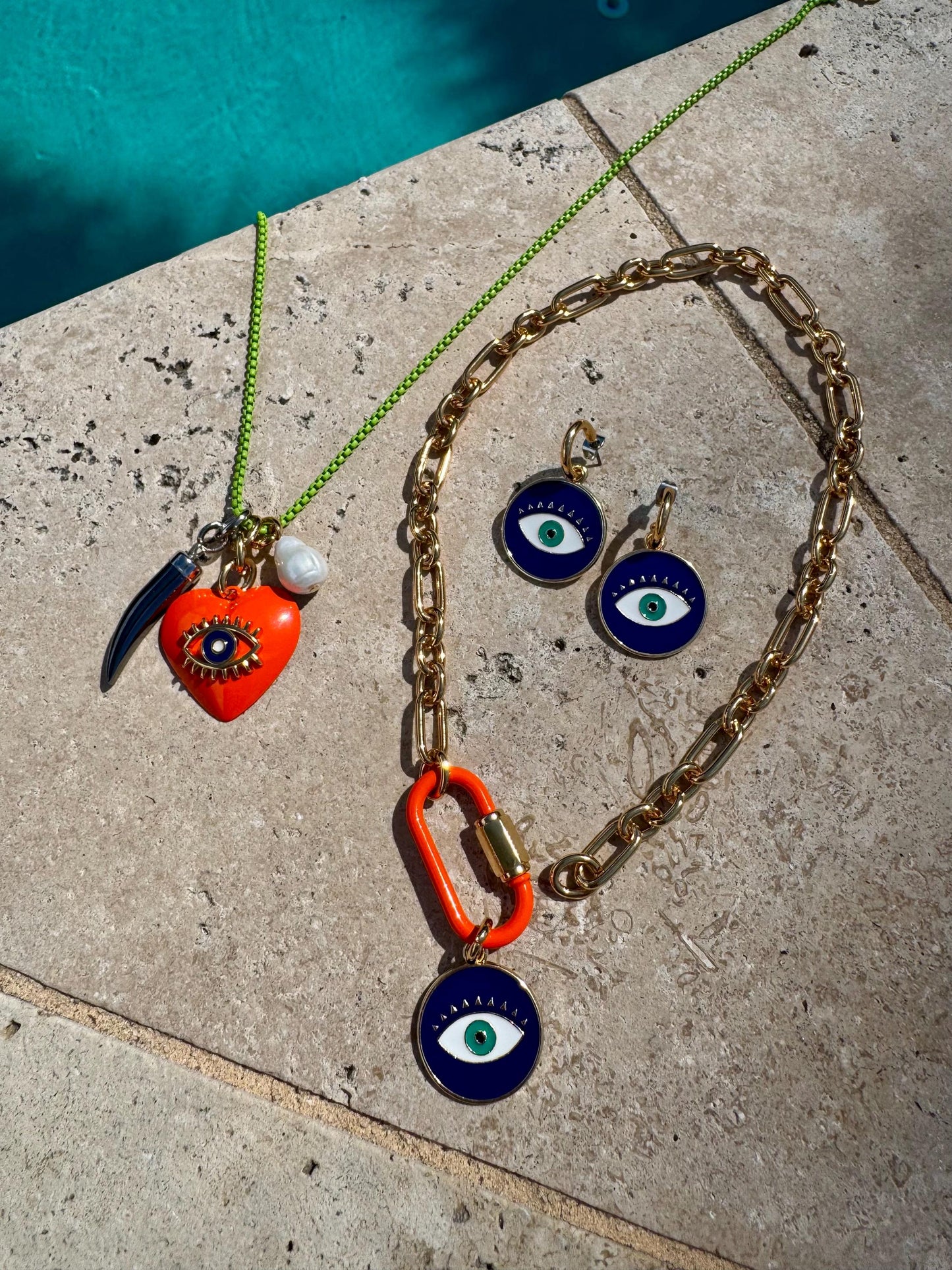Evil Eye Hoop Earrings | Colorful Jewelry for Summer | Gift for Her | Carabiner Necklace | Enamel Jewelry