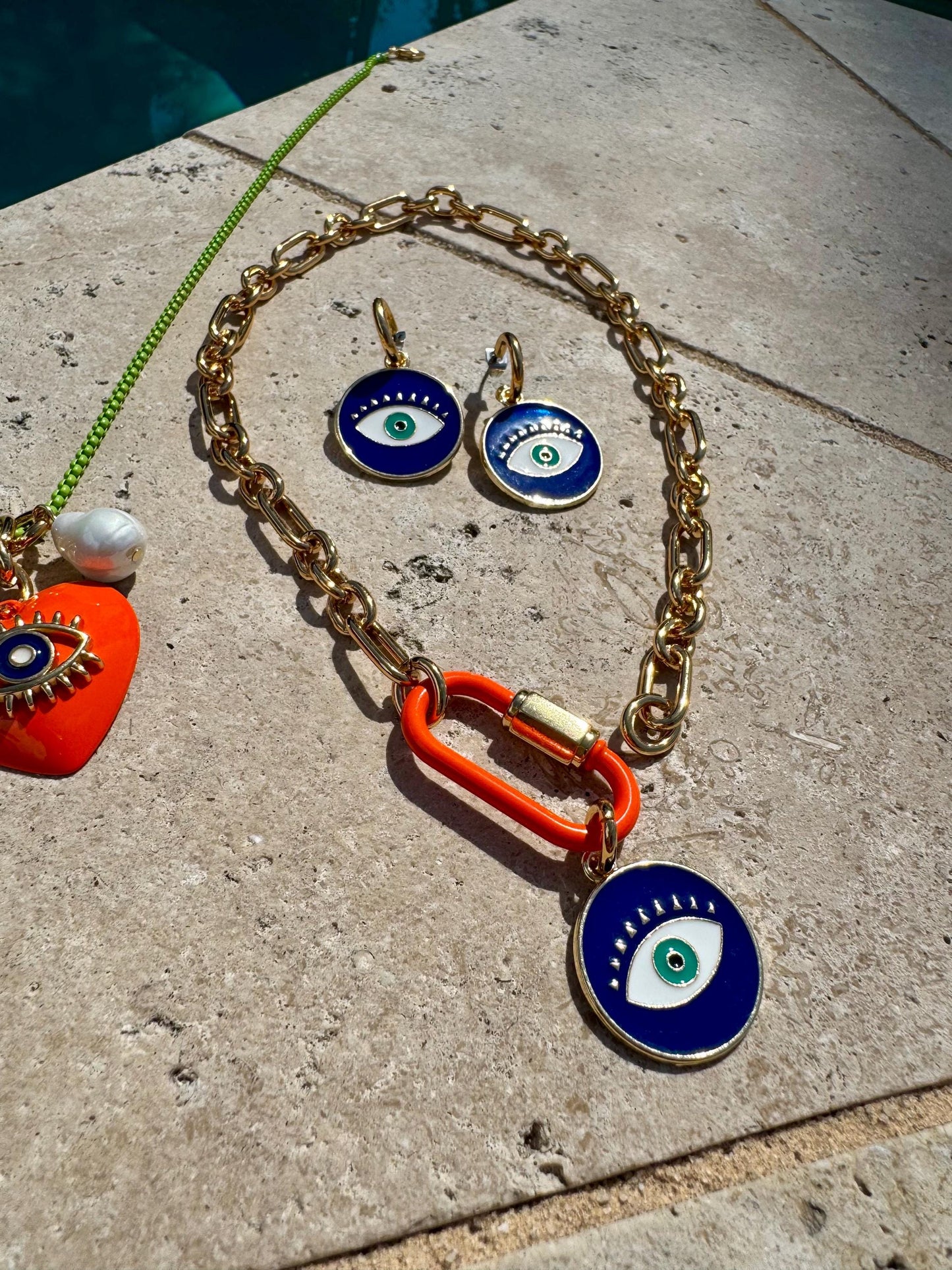 Evil Eye Hoop Earrings | Colorful Jewelry for Summer | Gift for Her | Carabiner Necklace | Enamel Jewelry