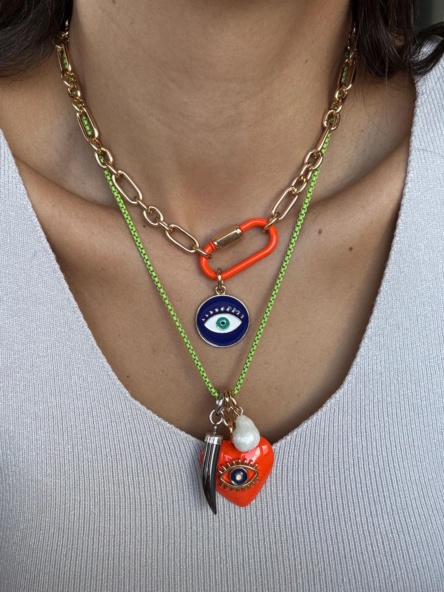 Evil Eye Hoop Earrings | Colorful Jewelry for Summer | Gift for Her | Carabiner Necklace | Enamel Jewelry