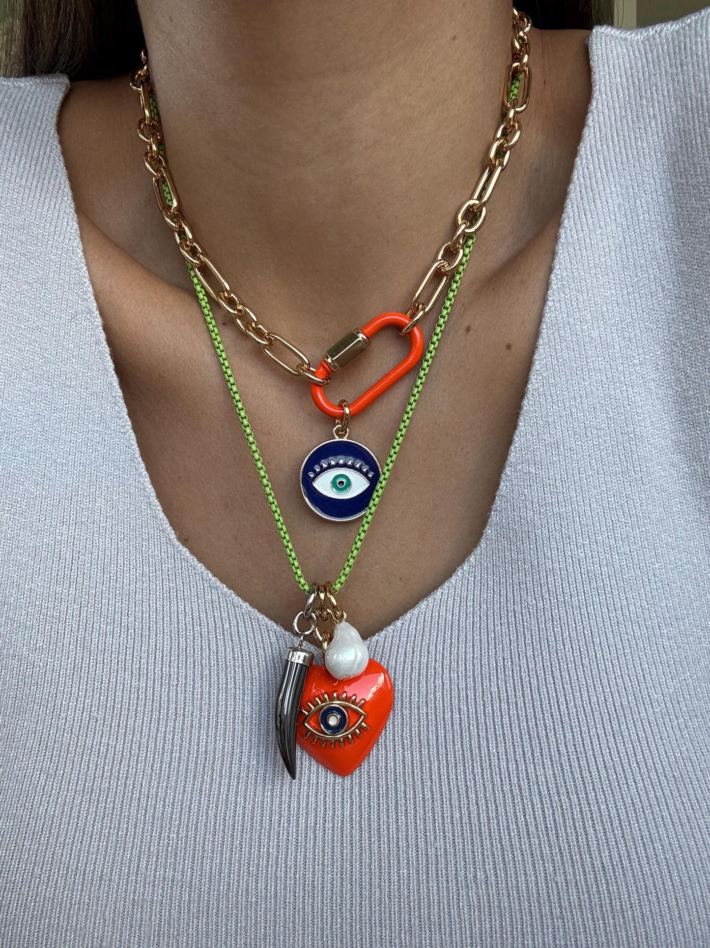 Evil Eye Hoop Earrings | Colorful Jewelry for Summer | Gift for Her | Carabiner Necklace | Enamel Jewelry