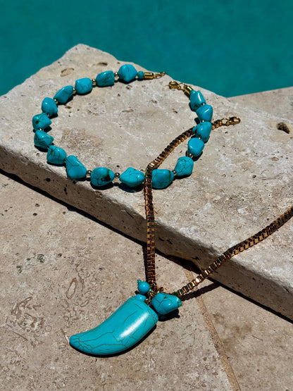 Turquoise beaded necklace with tusk chain by AVINZIA — handmade coastal jewelry