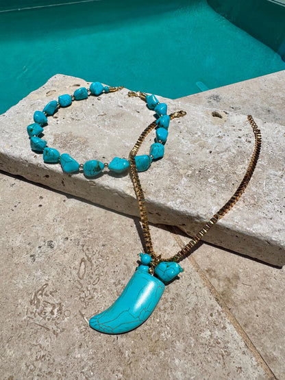 Turquoise beaded necklace with tusk chain — AVINZIA handmade jewelry