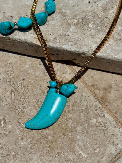 Turquoise beaded necklace with tusk chain — handmade in Florida by AVINZIA