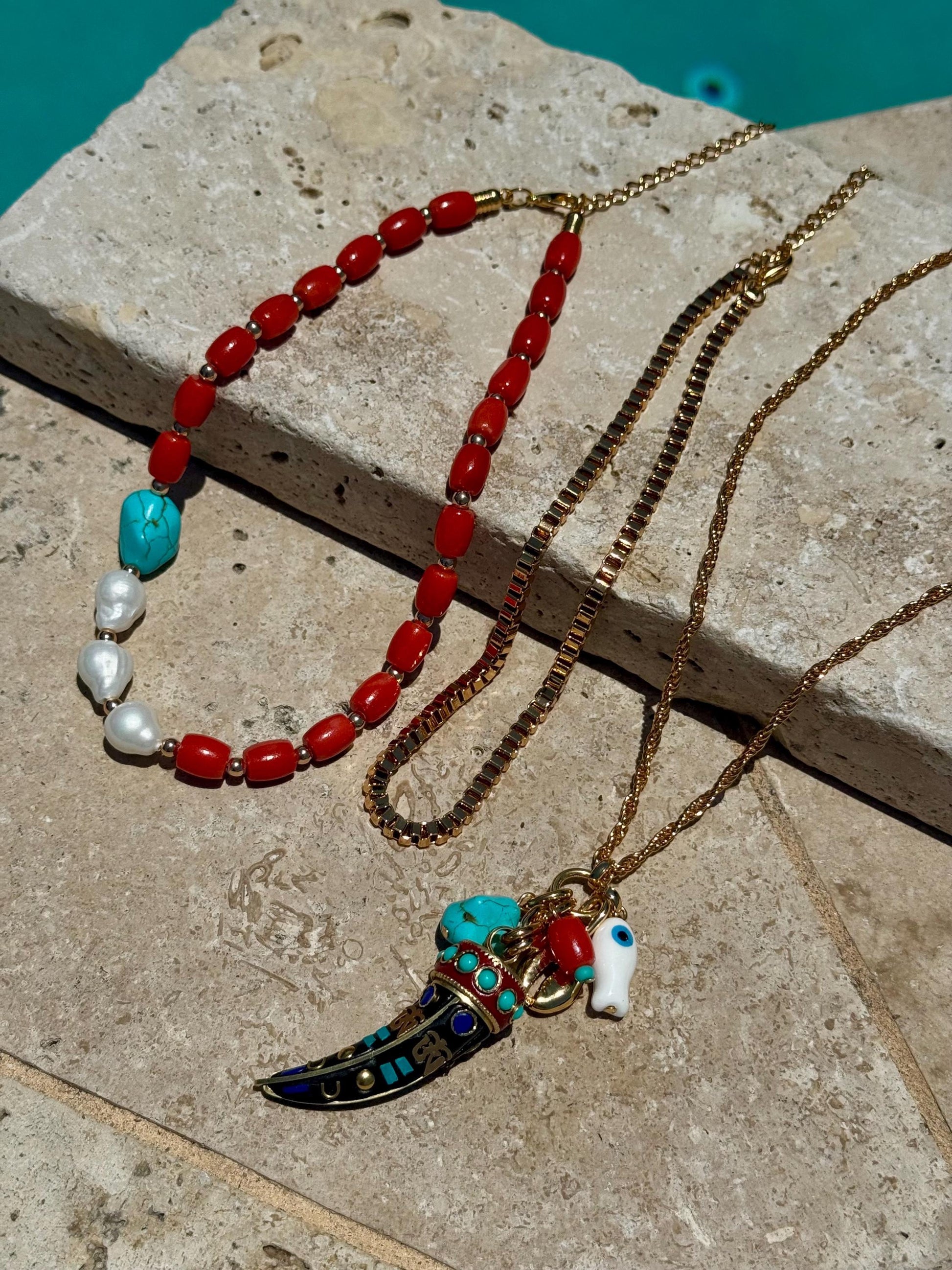 Bohemian Layered Necklace | Barrel Bamboo Choker | Nepalese Tusk Charm Chain | Gold Boxchain Choker