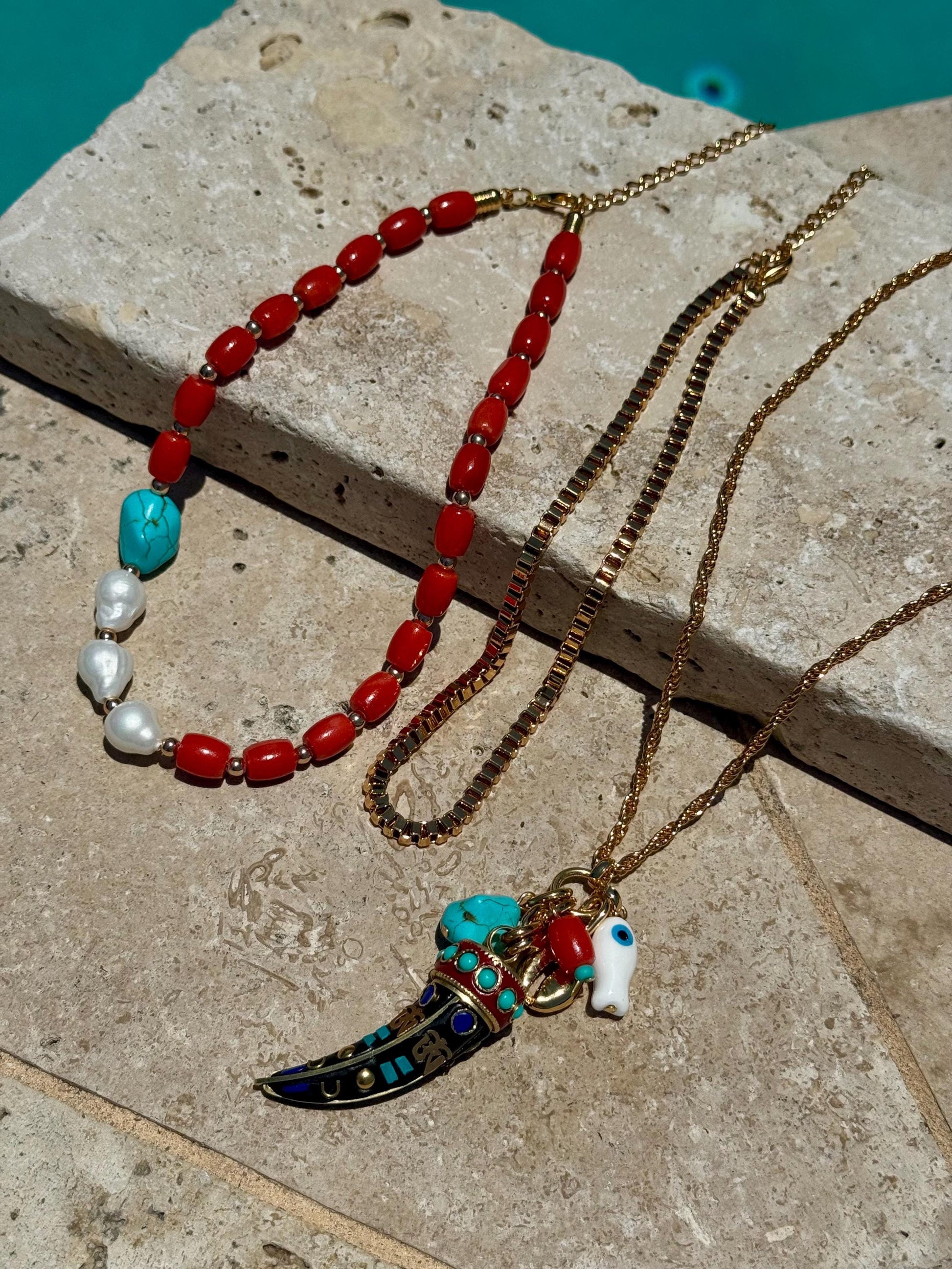 Bohemian Layered Necklace | Barrel Bamboo Choker | Nepalese Tusk Charm Chain | Gold Boxchain Choker