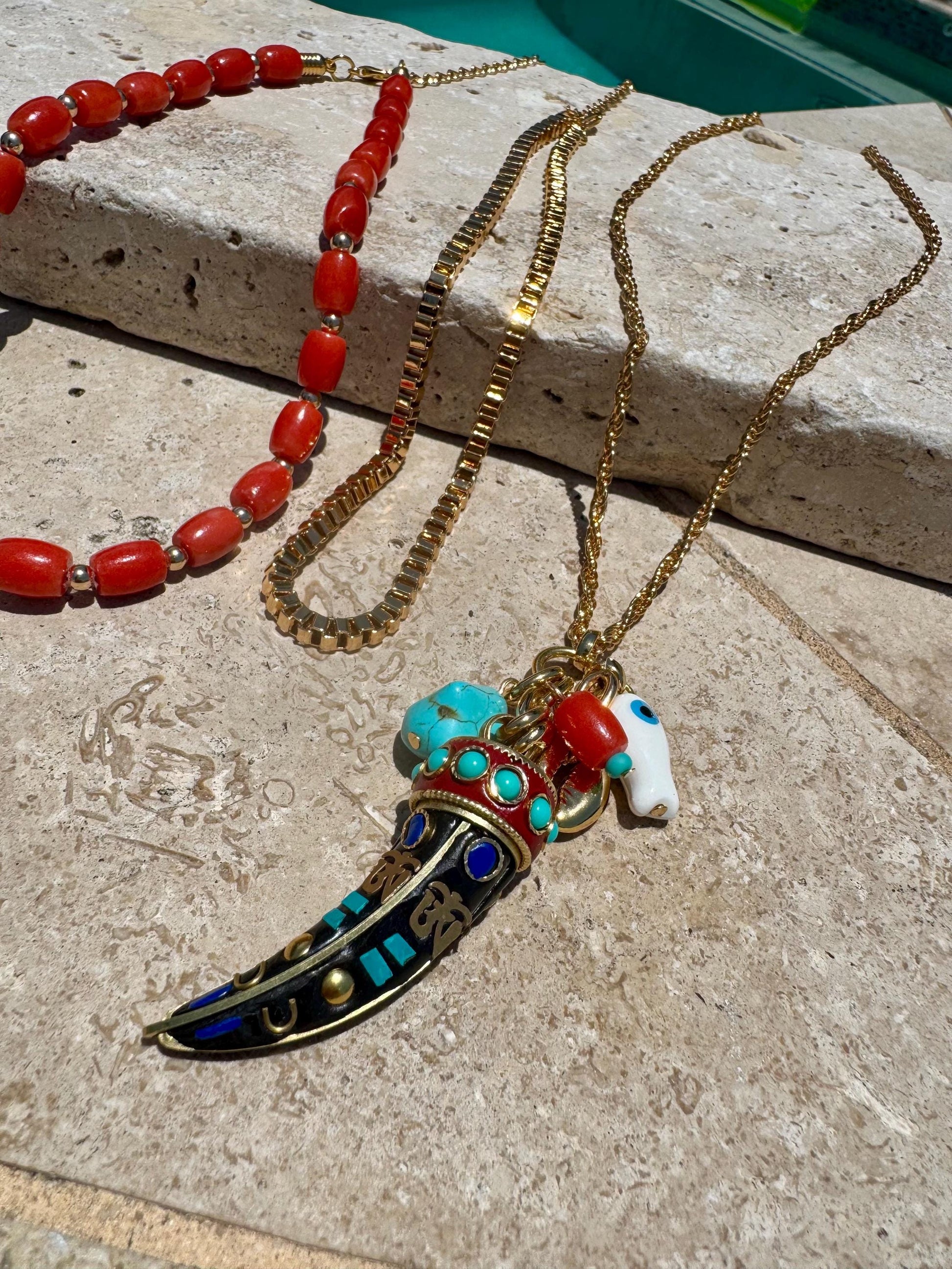 Bohemian Layered Necklace | Barrel Bamboo Choker | Nepalese Tusk Charm Chain | Gold Boxchain Choker