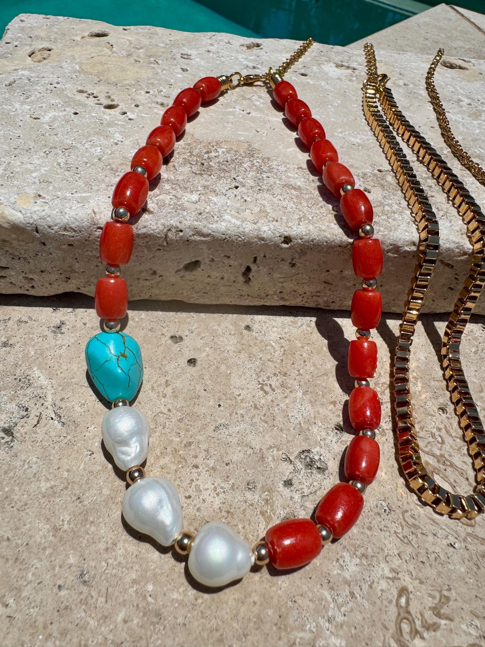 Bohemian Layered Necklace | Barrel Bamboo Choker | Nepalese Tusk Charm Chain | Gold Boxchain Choker