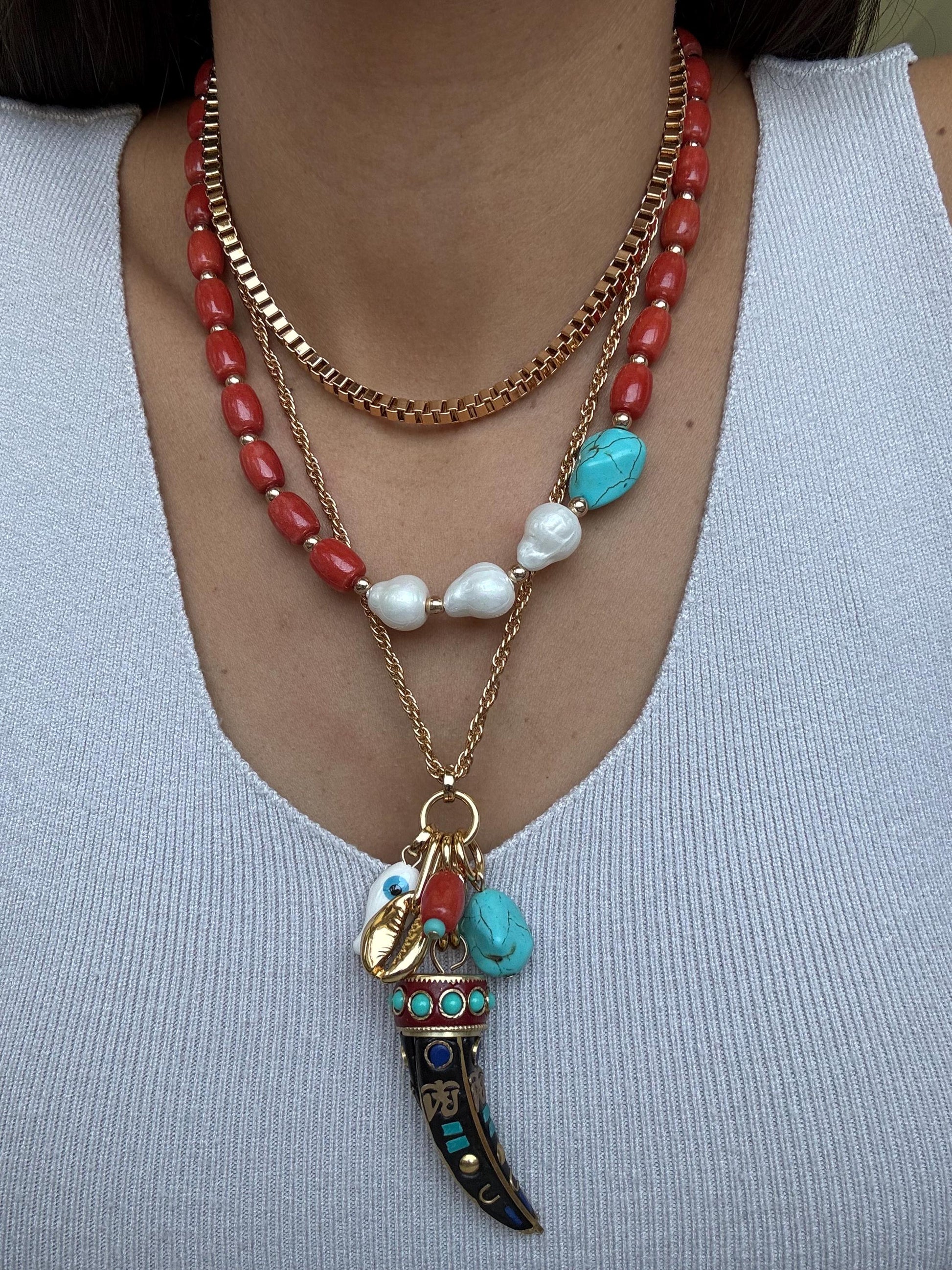 Bohemian Layered Necklace | Barrel Bamboo Choker | Nepalese Tusk Charm Chain | Gold Boxchain Choker