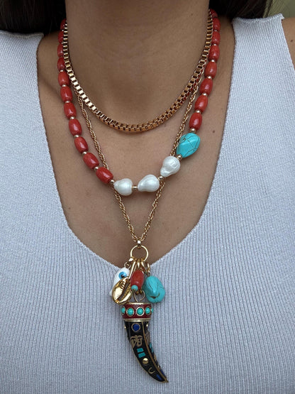 Bohemian layered necklace set with tusk charm chain — AVINZIA handmade jewelry