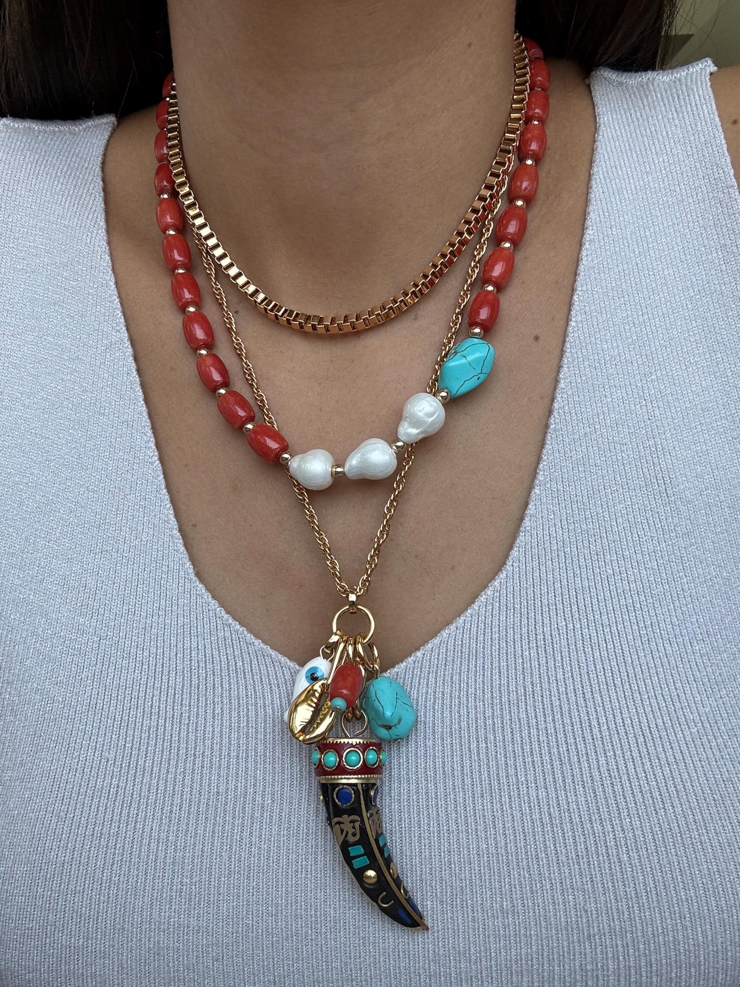 Bohemian Layered Necklace | Barrel Bamboo Choker | Nepalese Tusk Charm Chain | Gold Boxchain Choker