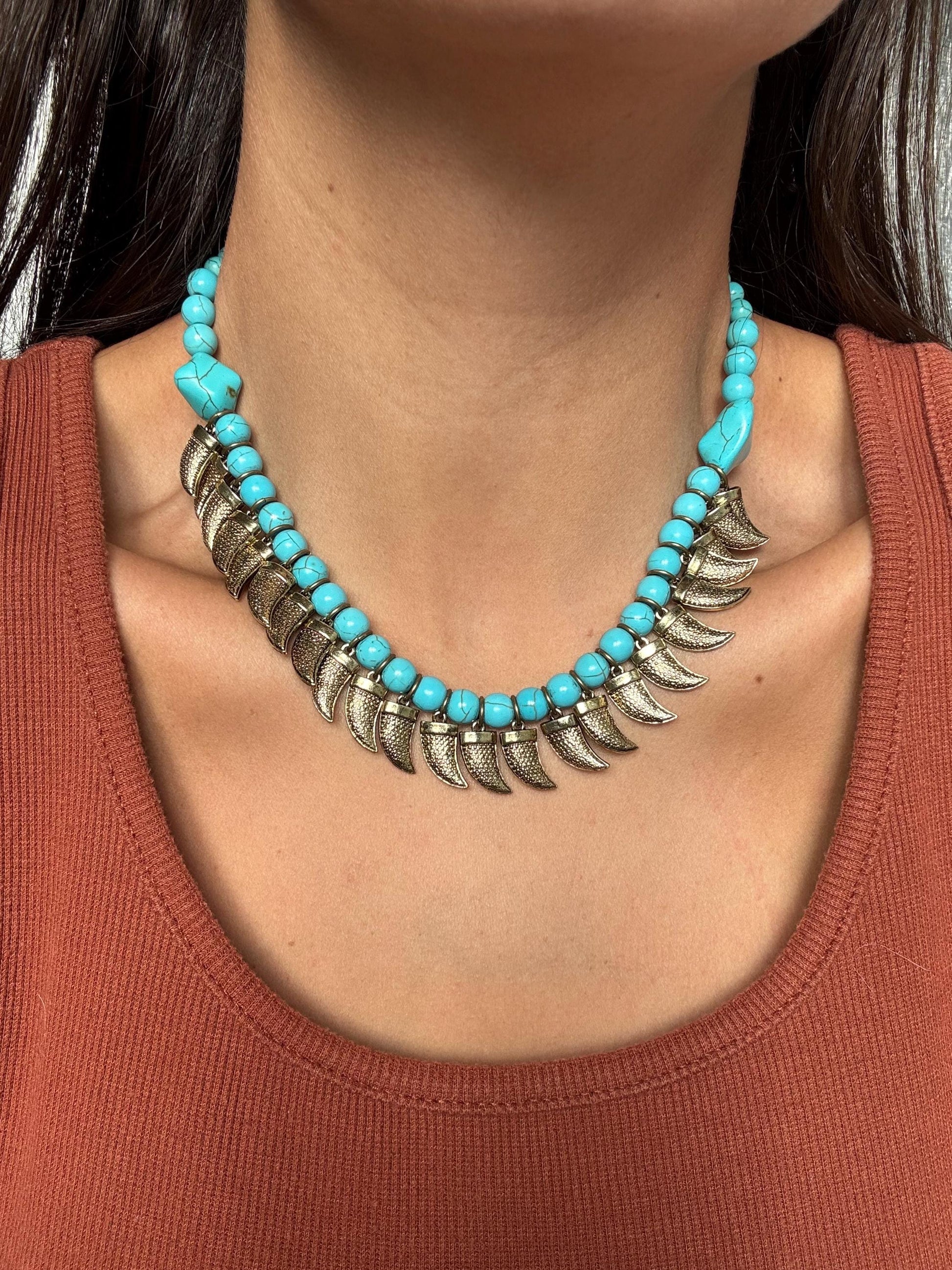 Antique Brass Tusk Charm Necklace | Turquoise Beaded Necklace | Boho Necklace | Bohemian Necklace