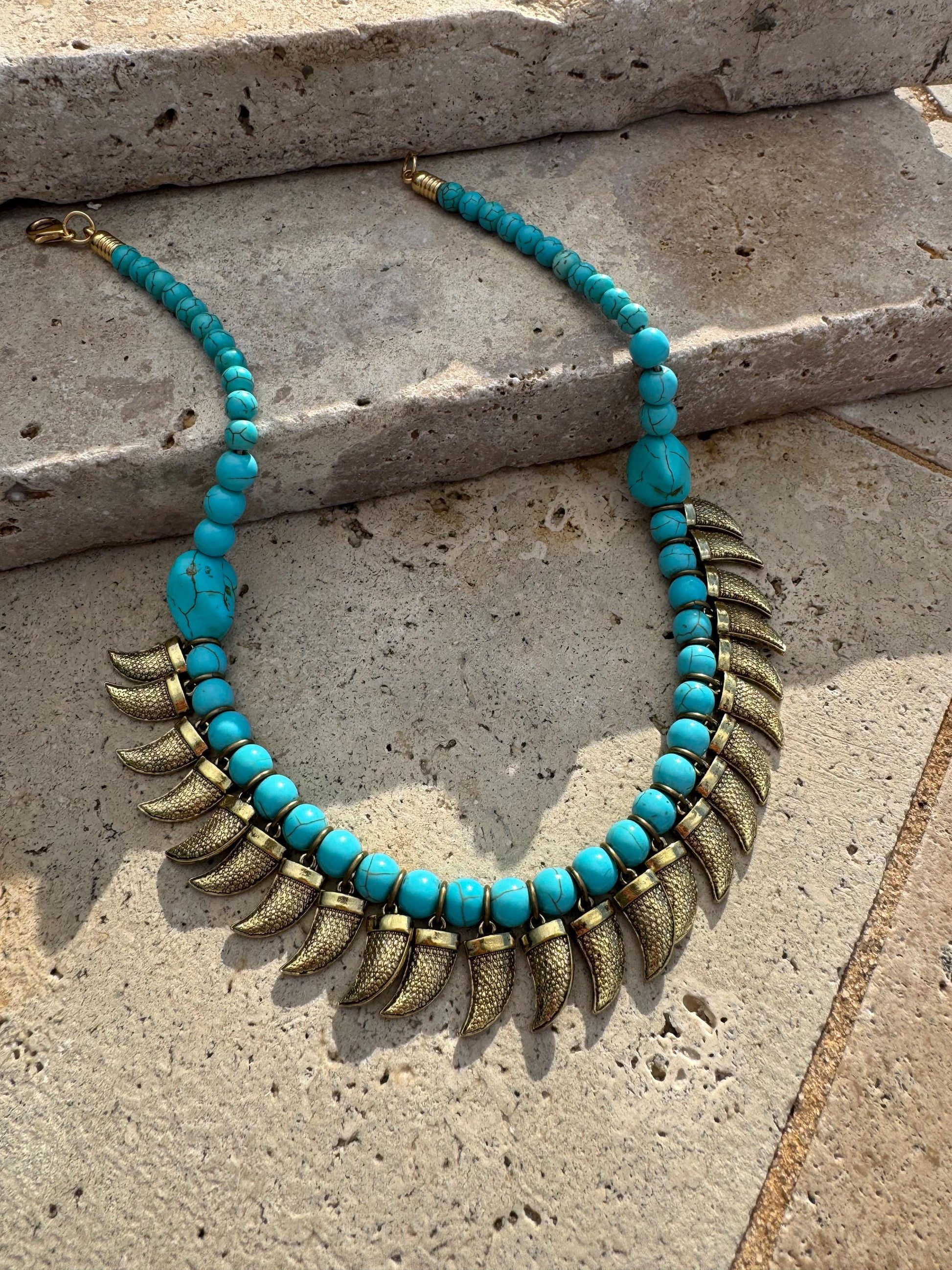 Antique Brass Tusk Charm Necklace | Turquoise Beaded Necklace | Boho Necklace | Bohemian Necklace