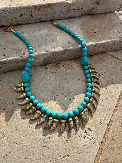 Antique brass tusk charm necklace with turquoise beaded choker by AVINZIA