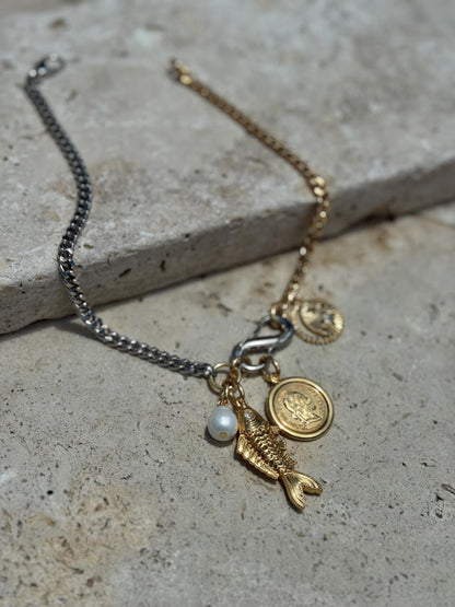 Multiple charm necklace with interchangeable fish and compass charms — AVINZIA handmade jewelry