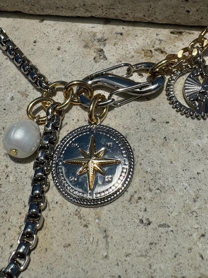 Lariat Y charm necklace with fish or compass pendant in mixed metals by AVINZIA — handmade coastal jewelry