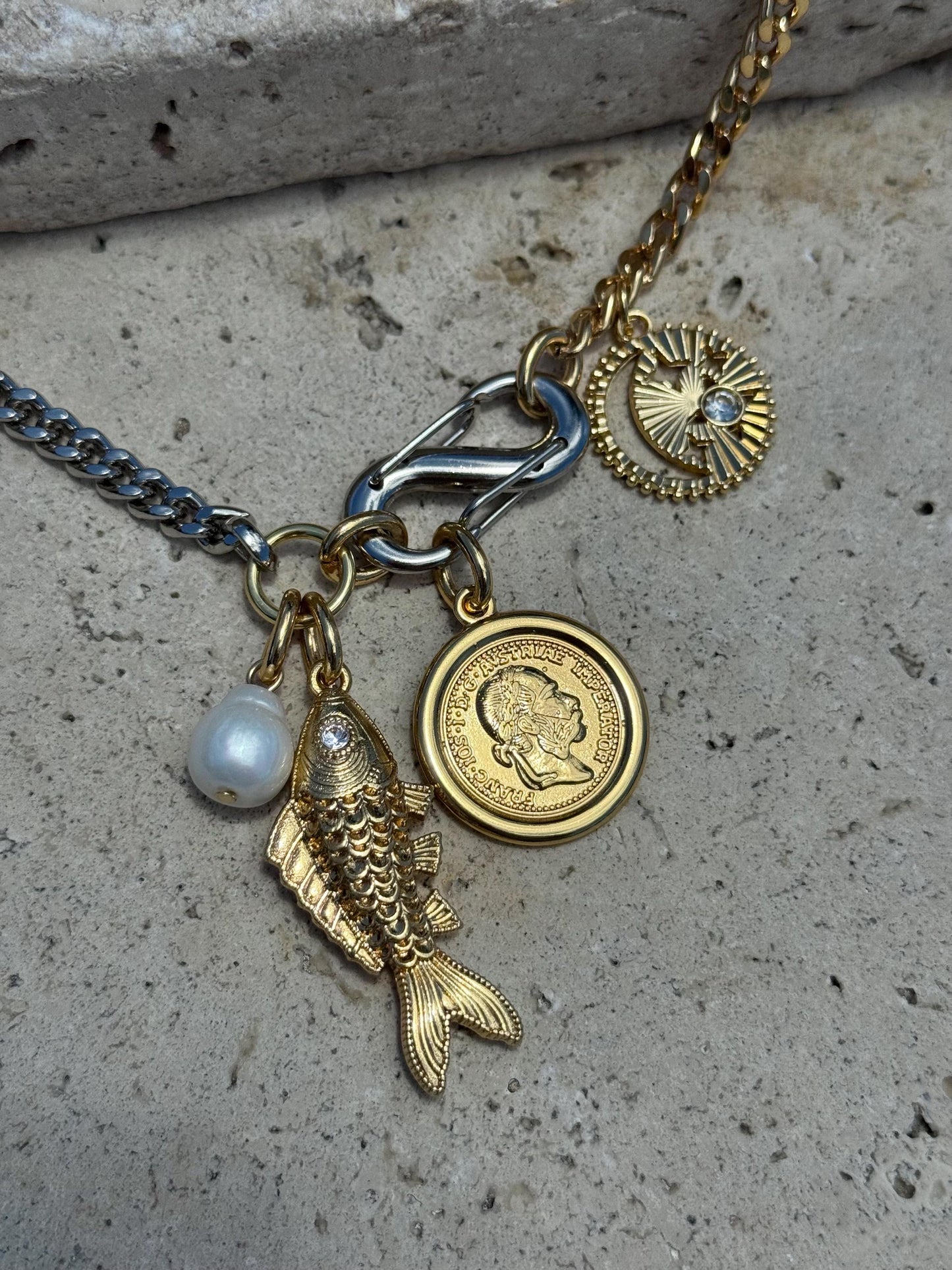 Multiple Charm Necklace | Y Charm Necklace | Mixed Metals Necklace | Compass Necklace | Fish Necklace