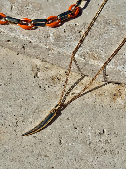 Gold tusk charm necklace with orange enamel choker option — gift-ready handmade jewelry by AVINZIA
