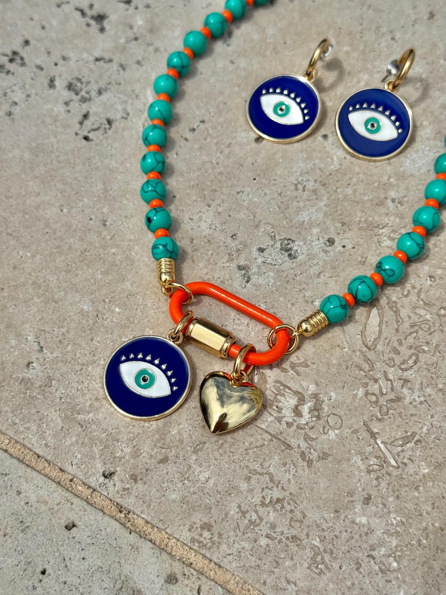 Evil Eye Carabiner Charms Necklace | Gemstone Carabiner Clasp Necklace | Colorful Beaded Summer Necklace | Gift for Her