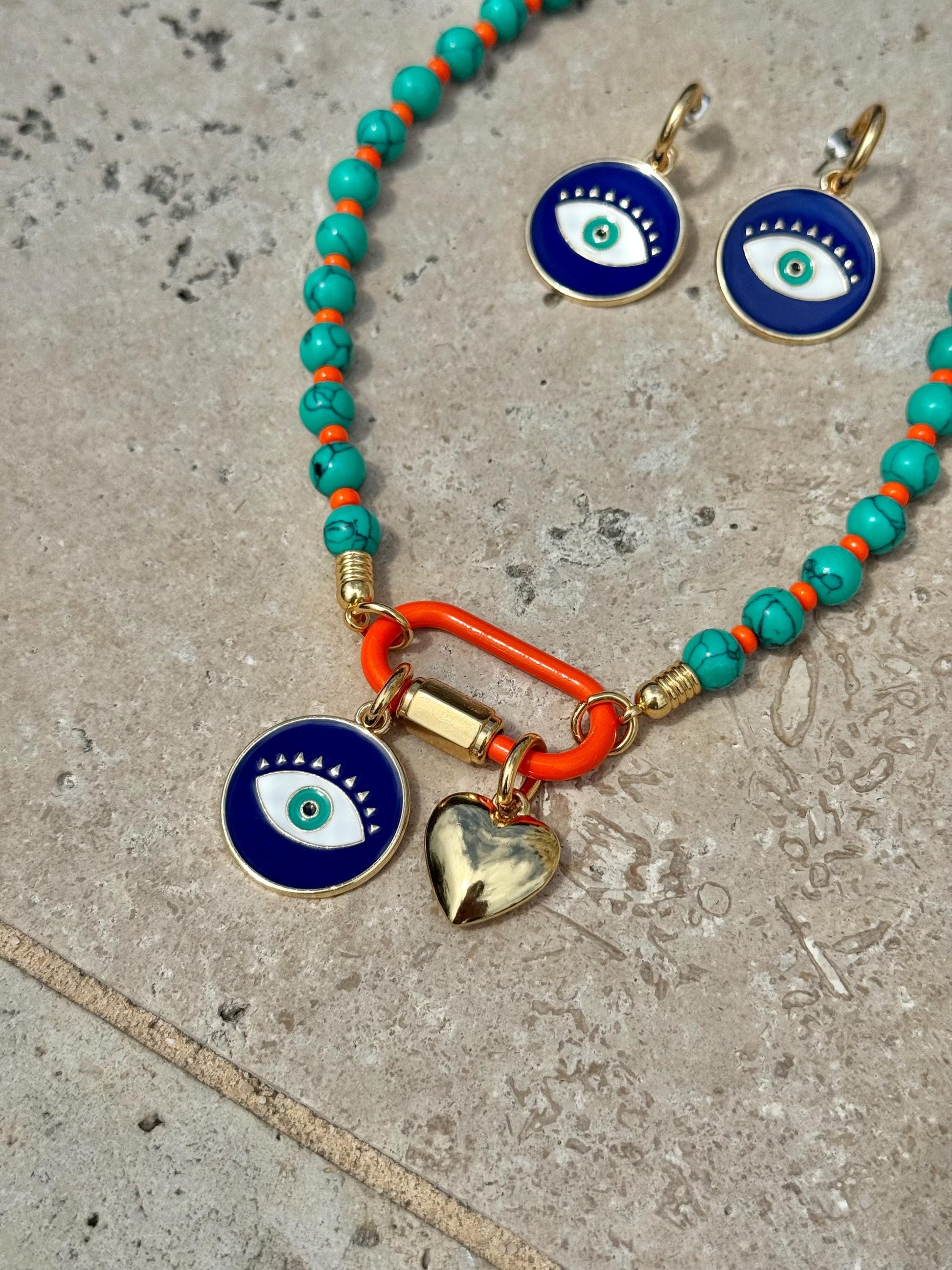 Evil Eye Carabiner Charms Necklace | Gemstone Carabiner Clasp Necklace | Colorful Beaded Summer Necklace | Gift for Her