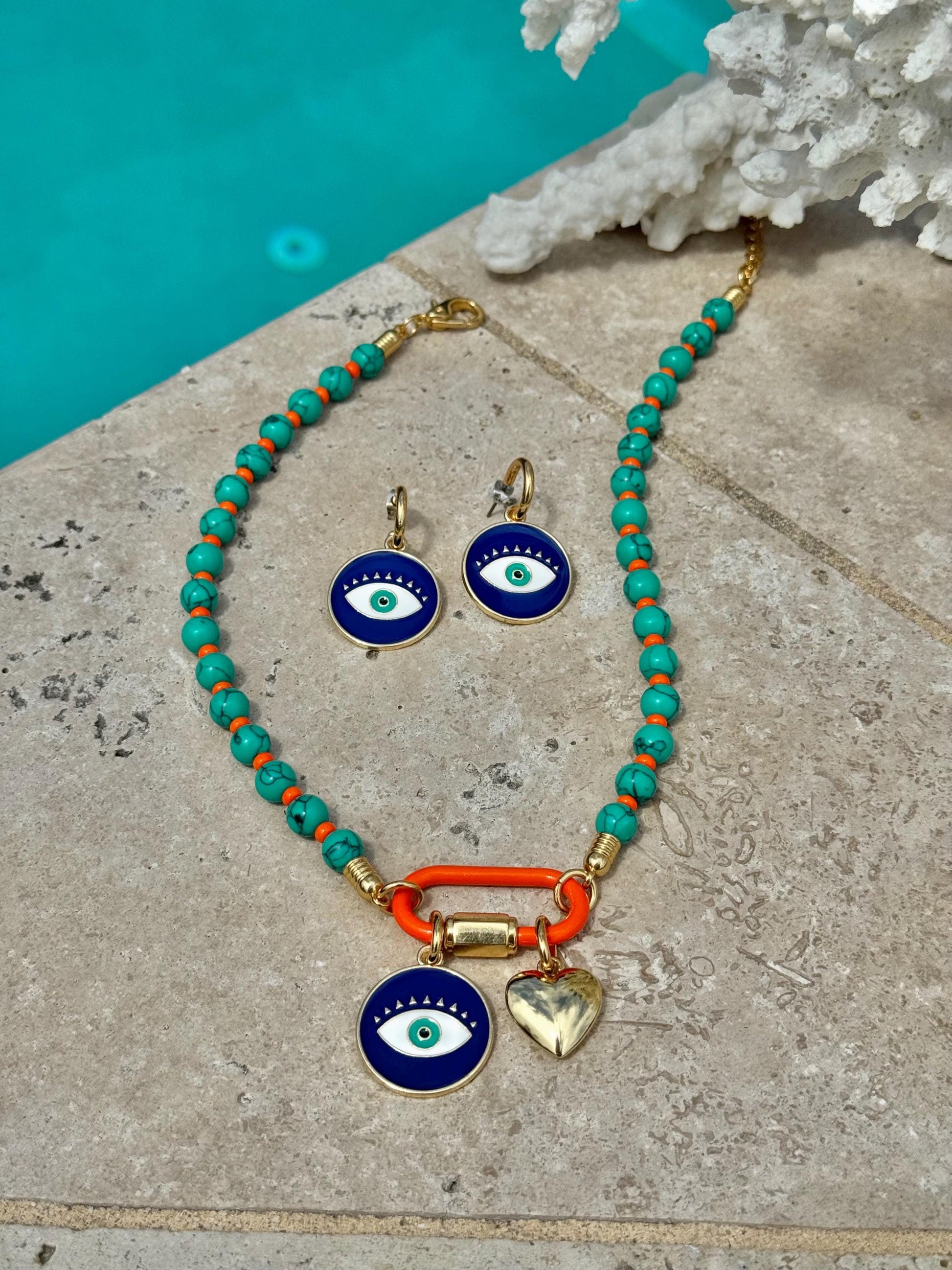 Evil Eye Carabiner Charms Necklace | Gemstone Carabiner Clasp Necklace | Colorful Beaded Summer Necklace | Gift for Her